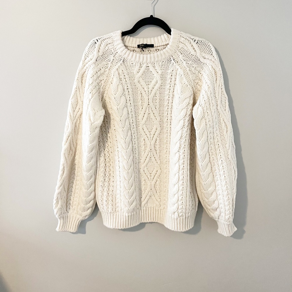 Maje Ecru Cable Knit Wool Blend Sweater Cream White H18WATINE Size 3 Large
